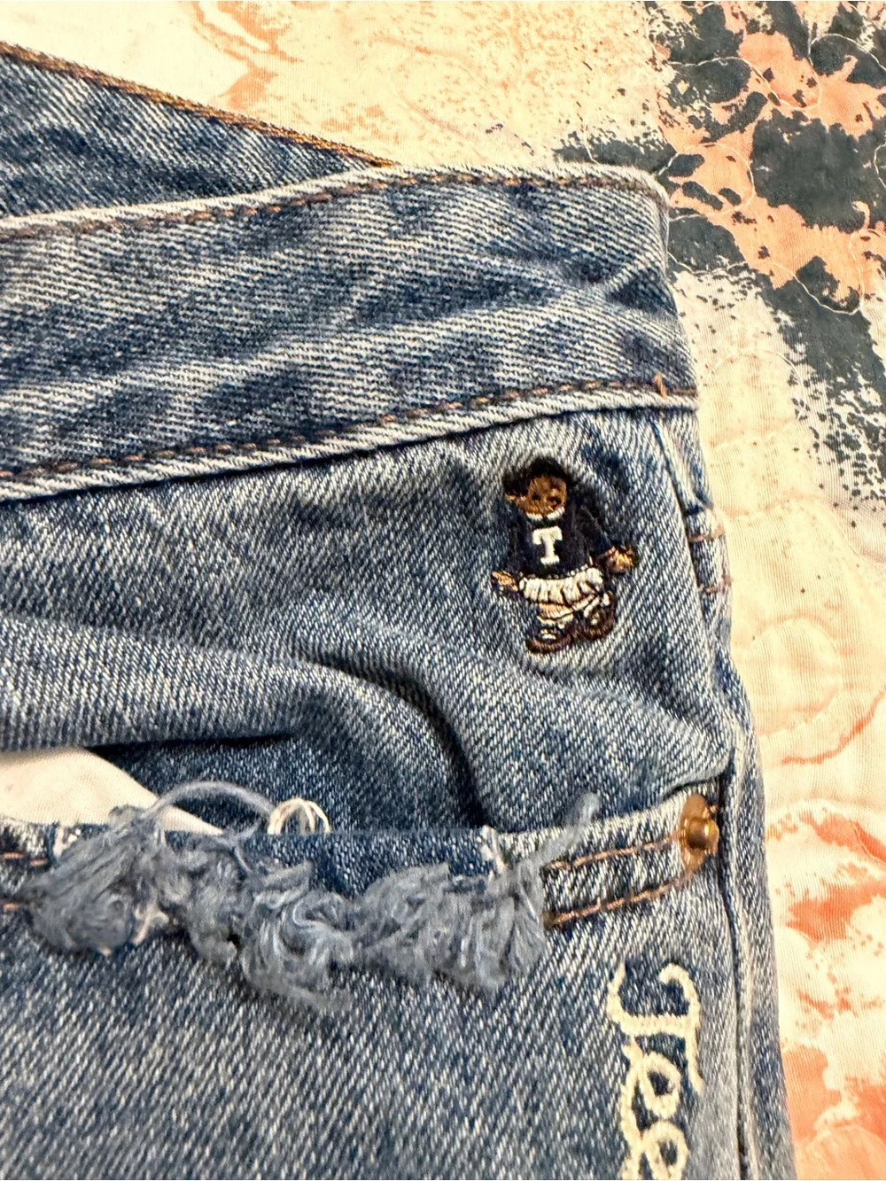 Women’s Light Blue Distressed Straight-Leg Teenie Weenie Bear Jeans